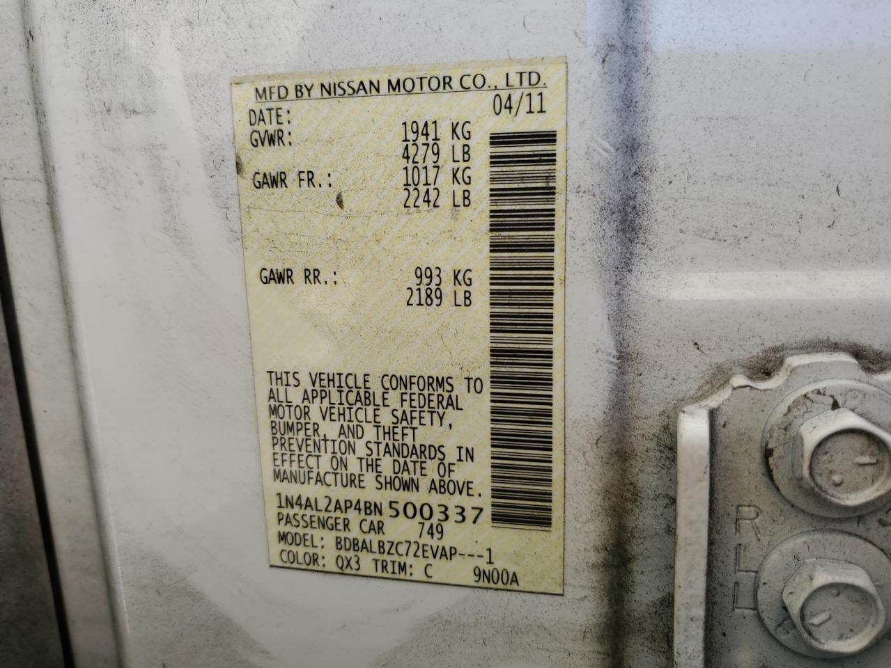 2011 Nissan Altima VIN 1N4AL2AP4BN500337 Copart auction photo, minor dent/scratches damage thumbnail 12