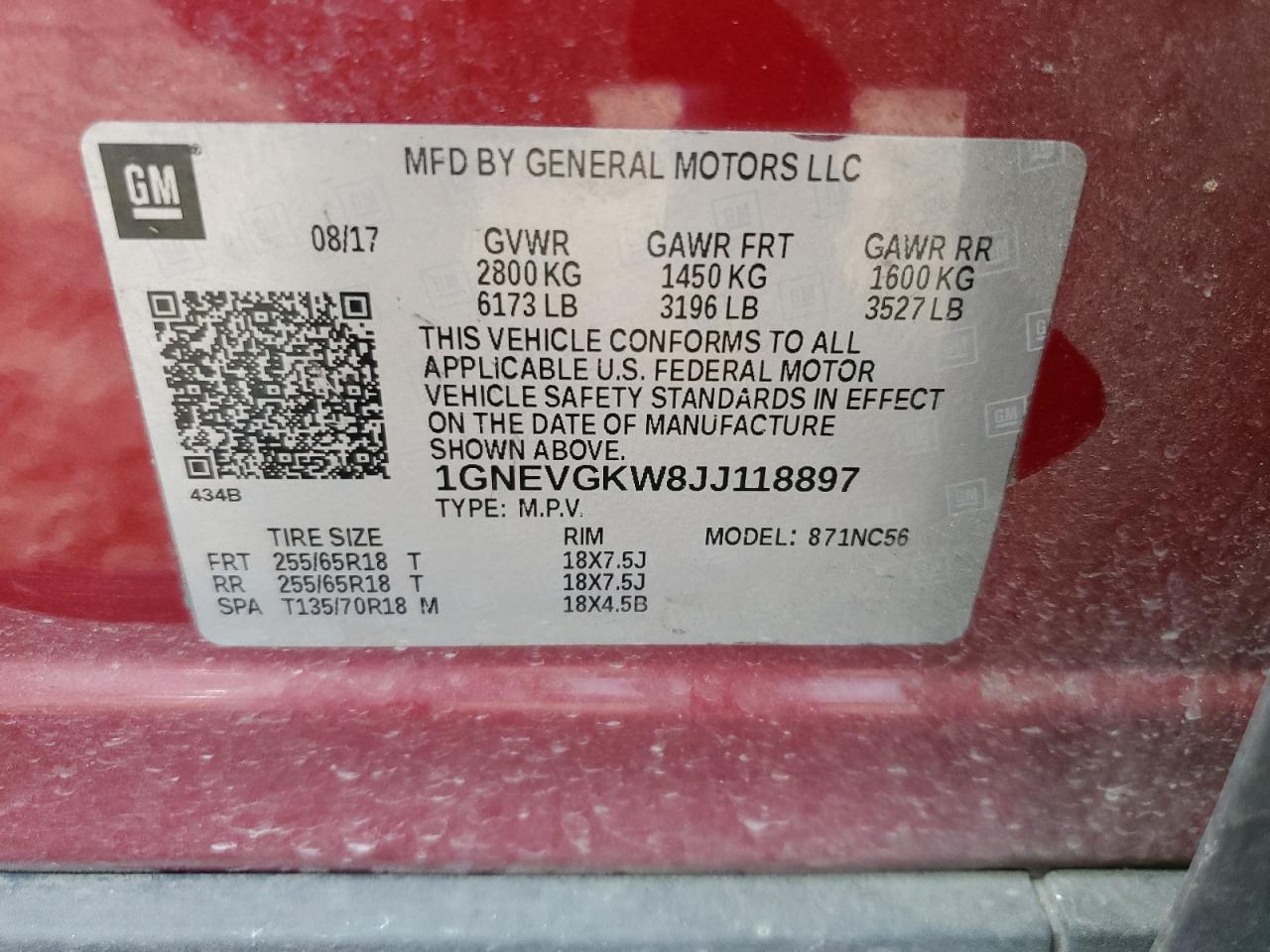 2018 Chevrolet Traverse VIN 1GNEVGKW8JJ118897 Copart auction photo, rear end damage thumbnail 14