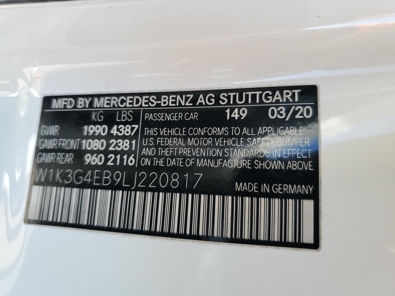 2020 Mercedes-Benz A-klasse VIN W1K3G4EB9LJ220817 Copart auction photo, side / front end damage thumbnail 12