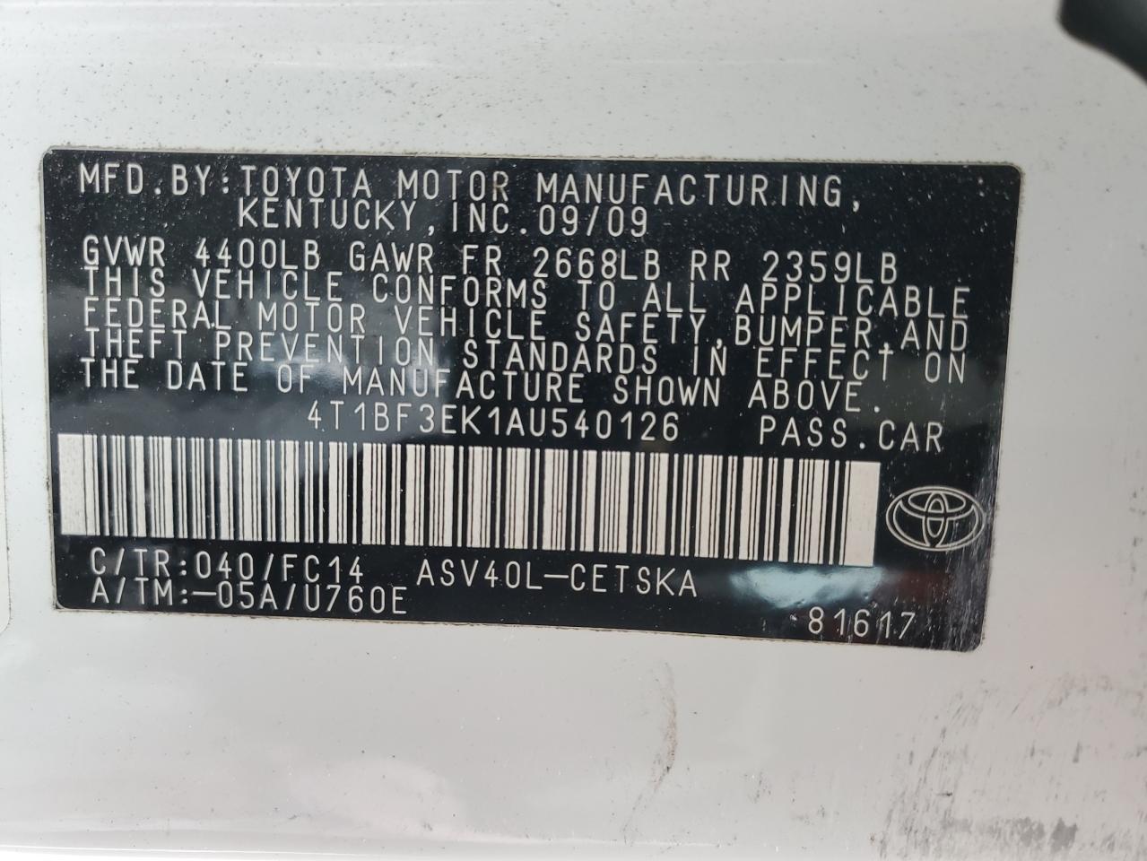 2010 Toyota Camry VIN 4T1BF3EK1AU540126 Copart auction photo, front end / side damage thumbnail 15