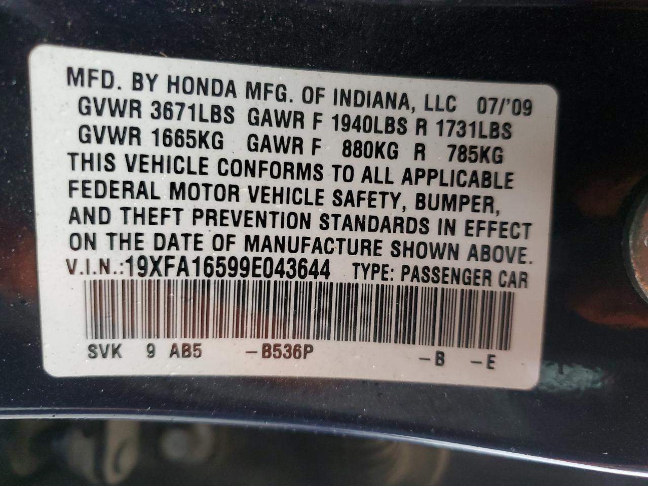 2009 Honda Civic VIN 19XFA16599E043644 Copart auction photo, rear end damage thumbnail 14
