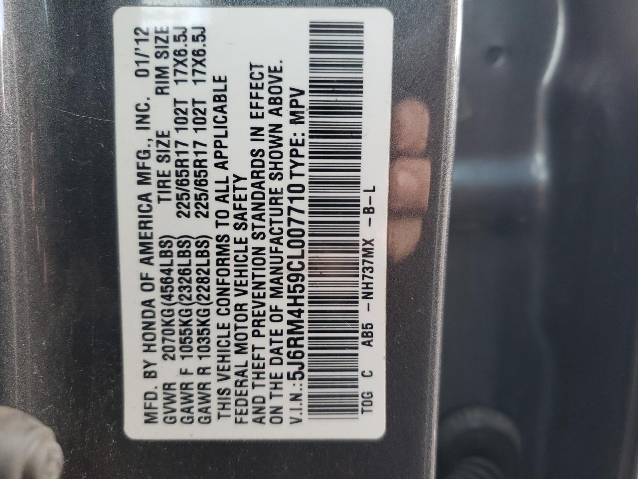 2012 Honda CR-V VIN 5J6RM4H59CL007710 Copart auction photo, front end damage thumbnail 13