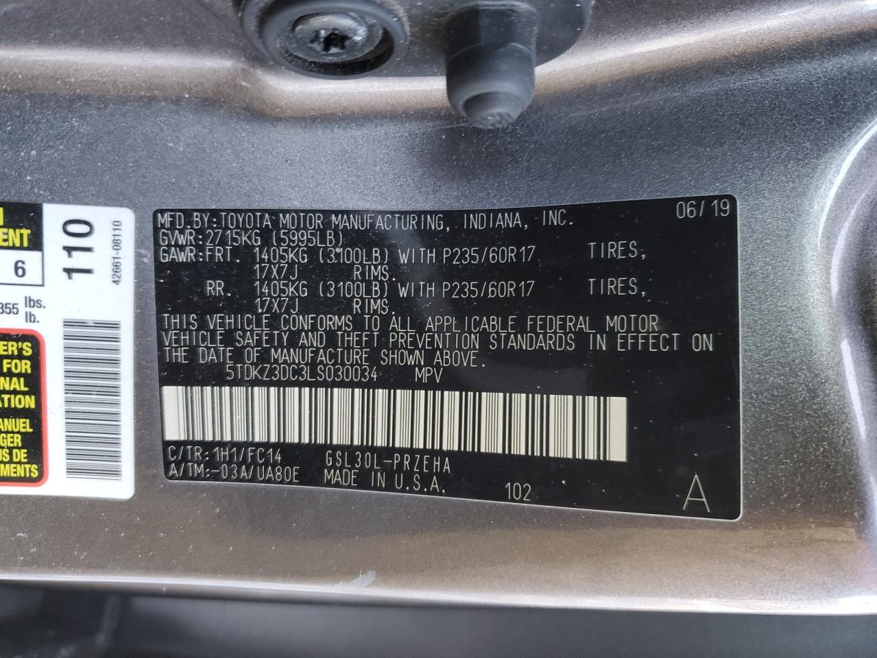 2020 Toyota Sienna VIN 5TDKZ3DC3LS030034 Copart auction photo, all over damage thumbnail 15