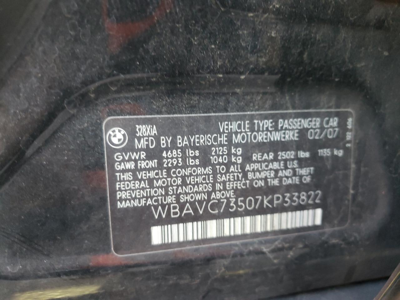 2007 BMW 3er VIN WBAVC73507KP33822 Copart auction photo, front end / rear end damage thumbnail 14