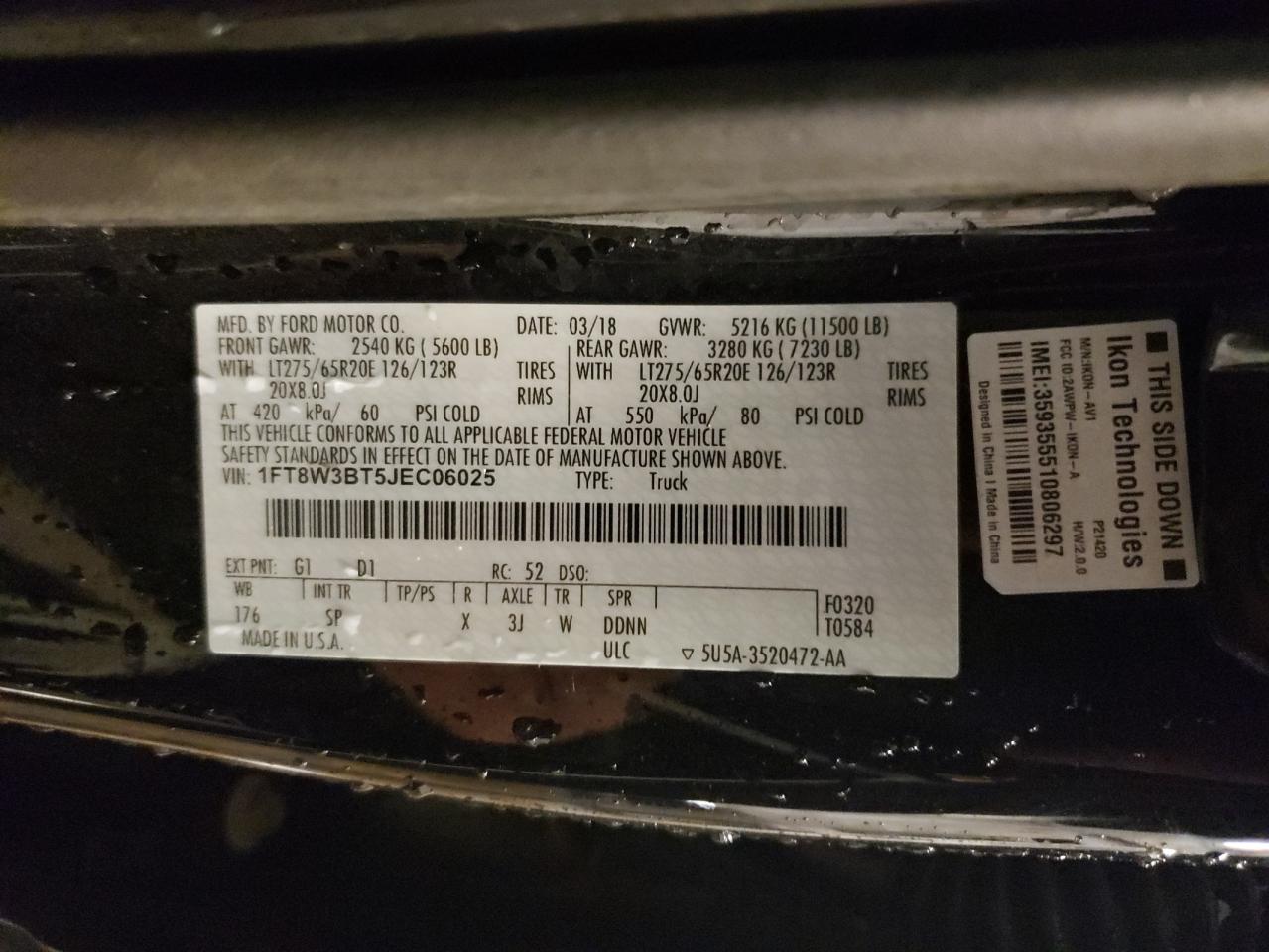 2018 Ford F350 VIN 1FT8W3BT5JEC06025 Copart auction photo, frame damage / undercarriage damage thumbnail 12