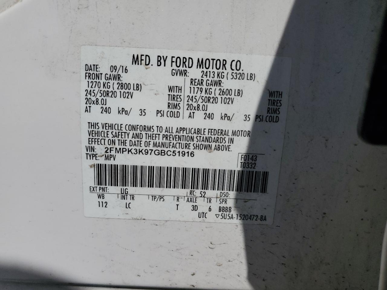 2016 Ford Edge VIN 2FMPK3K97GBC51916 Copart auction photo, all over damage thumbnail 14