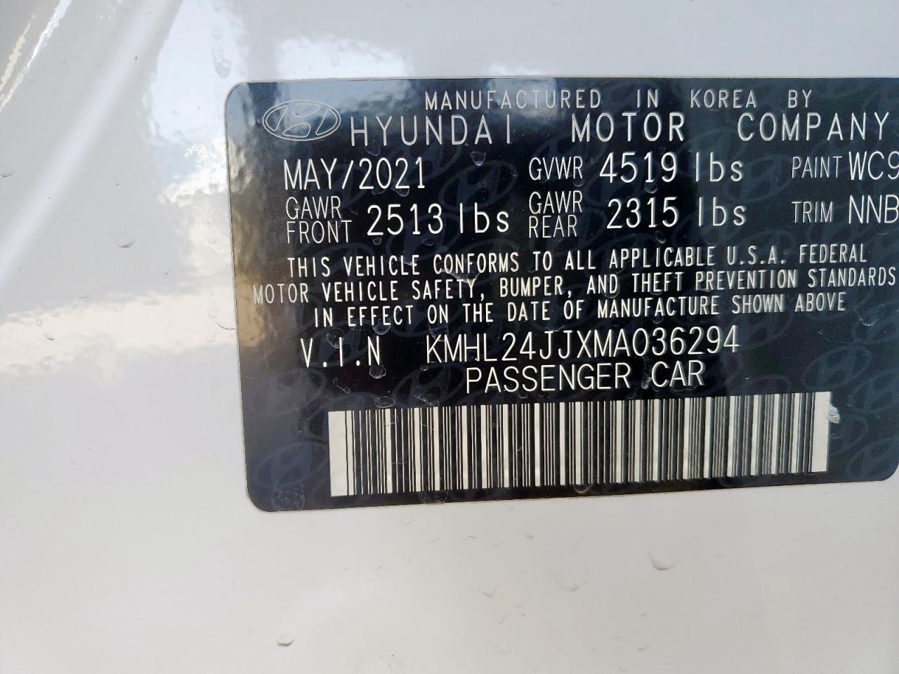 2021 Hyundai Sonata VIN KMHL24JJXMA036294 Copart auction photo, front end damage thumbnail 12