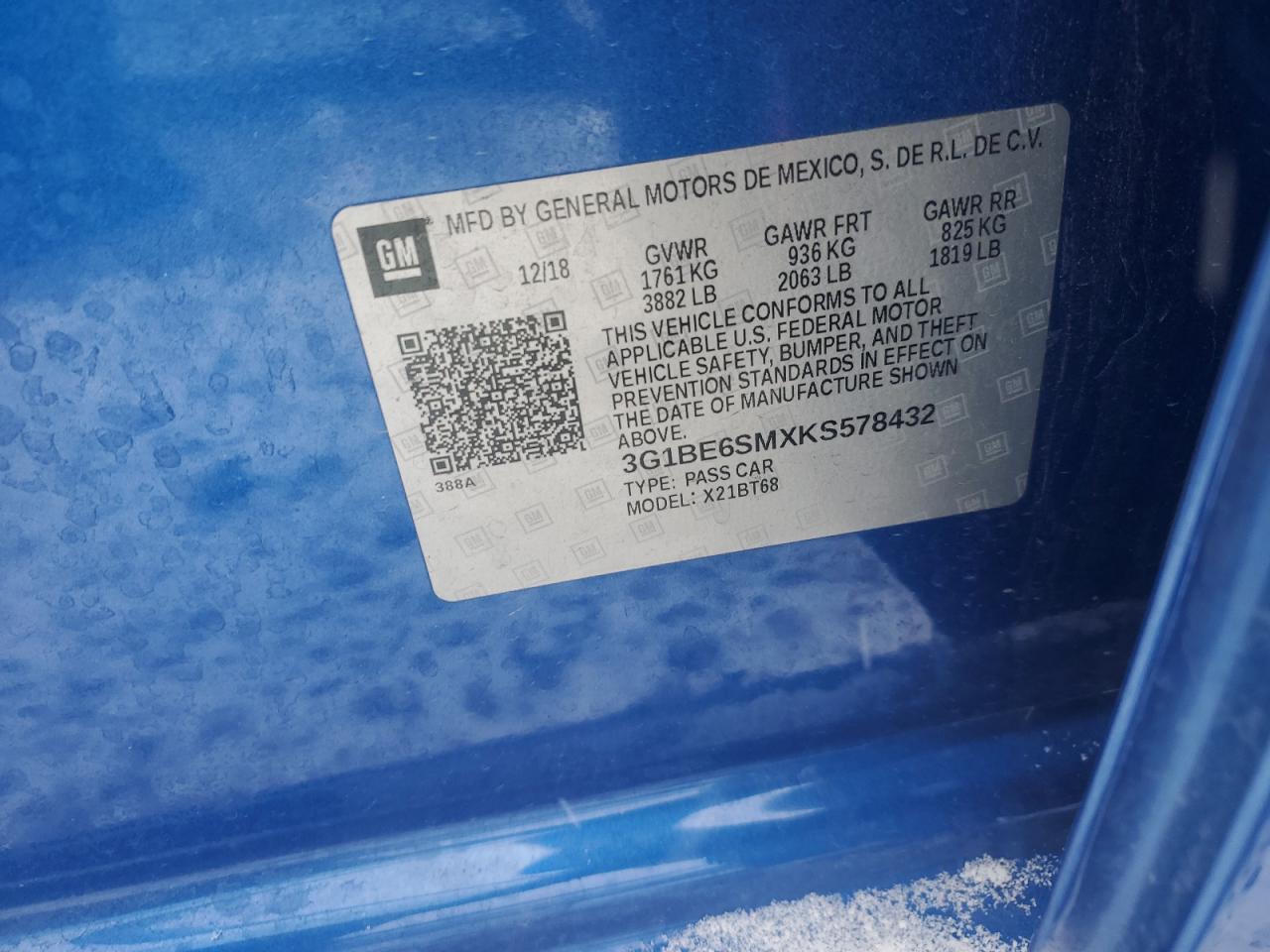 2019 Chevrolet Cruze VIN 3G1BE6SMXKS578432 Copart auction photo, side damage thumbnail 12