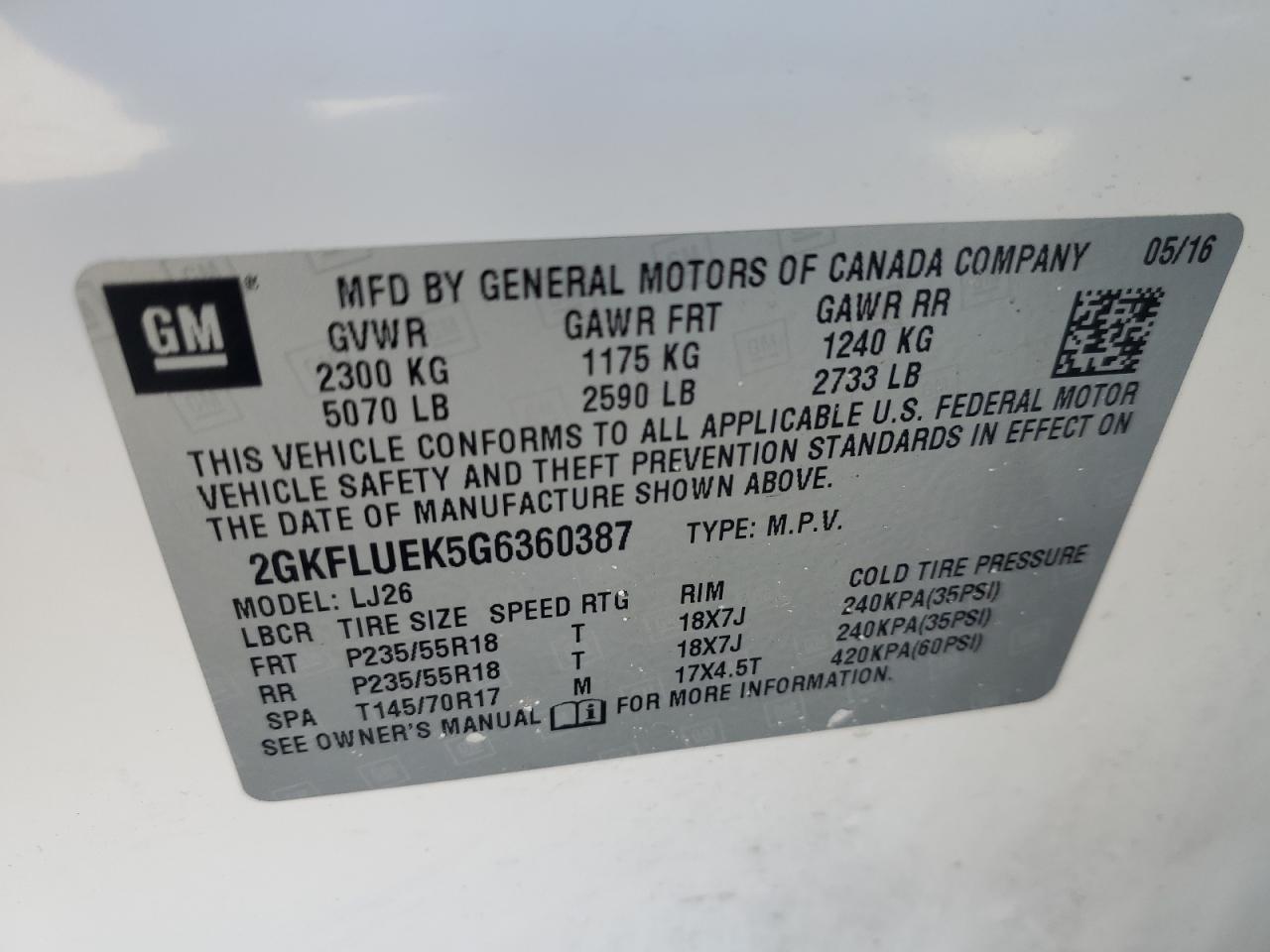 2016 GMC Terrain VIN 2GKFLUEK5G6360387 Copart auction photo, mechanical damage thumbnail 12