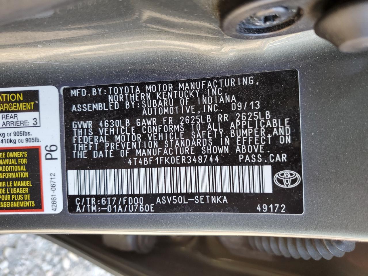 2014 Toyota Camry VIN 4T4BF1FK0ER348744 Copart auction photo, front end / undercarriage damage thumbnail 14