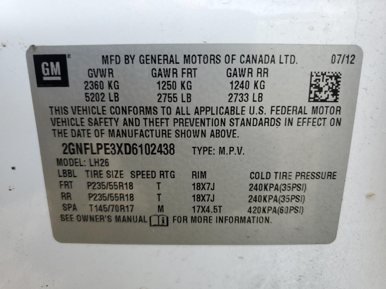 2013 Chevrolet Equinox VIN 2GNFLPE3XD6102438 Copart auction photo, front end damage thumbnail 16
