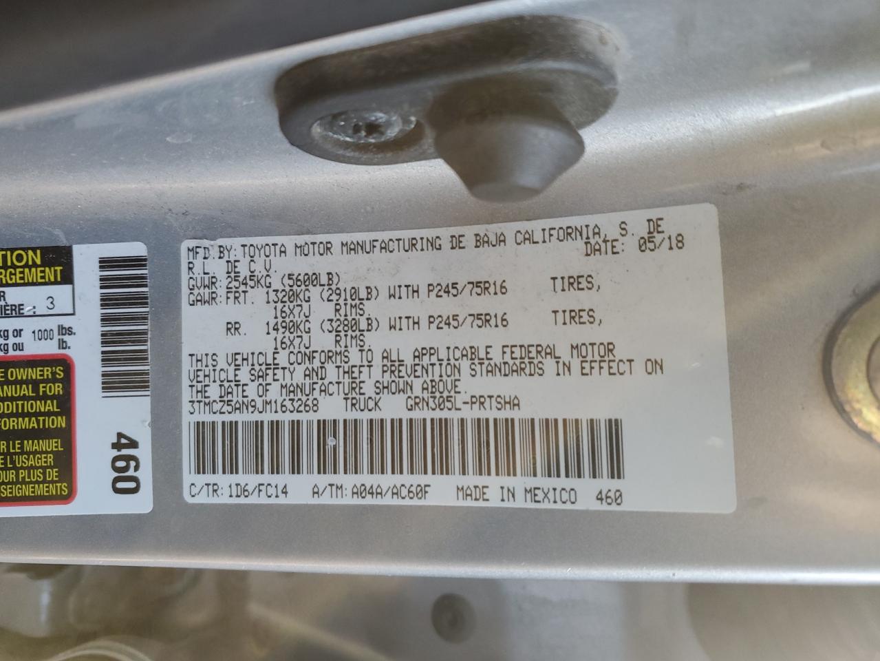 2018 Toyota Tacoma VIN 3TMCZ5AN9JM163268 Copart auction photo, front end / minor dent/scratches damage thumbnail 12