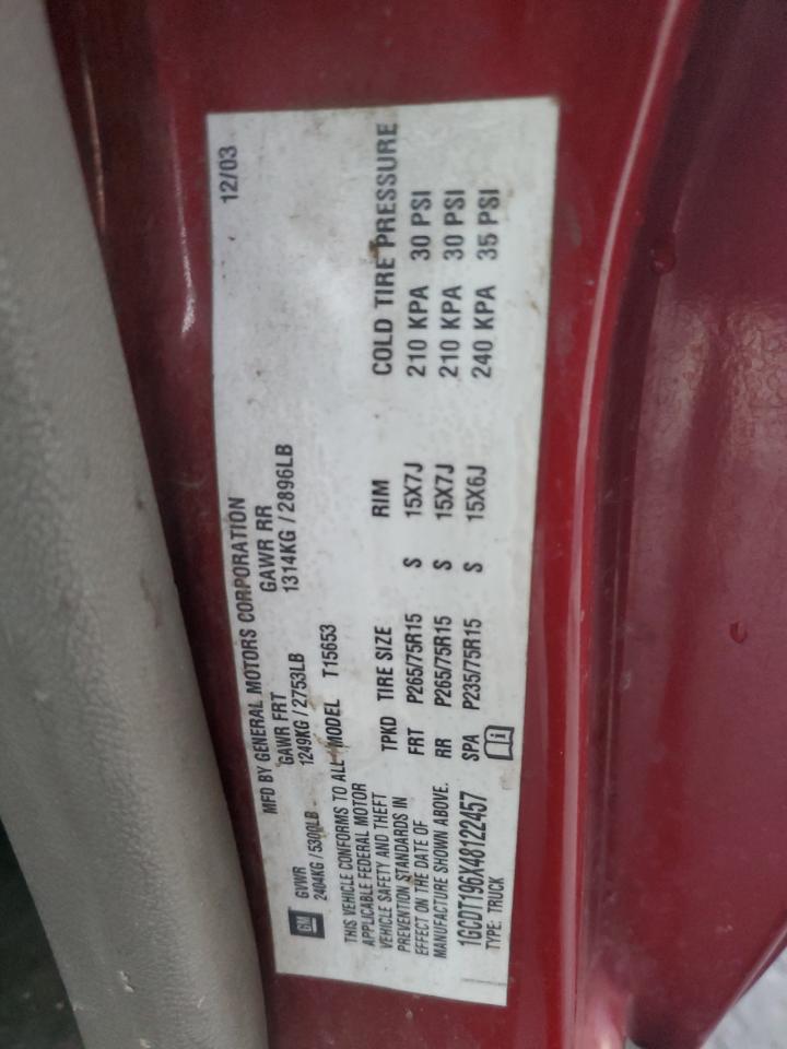 2004 Chevrolet Colorado VIN 1GCDT196X48122457 Copart auction photo, rear end / hail damage thumbnail 12