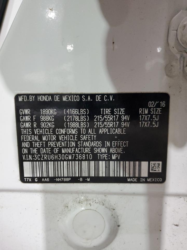 2016 Honda HR-V VIN 3CZRU6H30GM736810 Copart auction photo, front end damage thumbnail 13