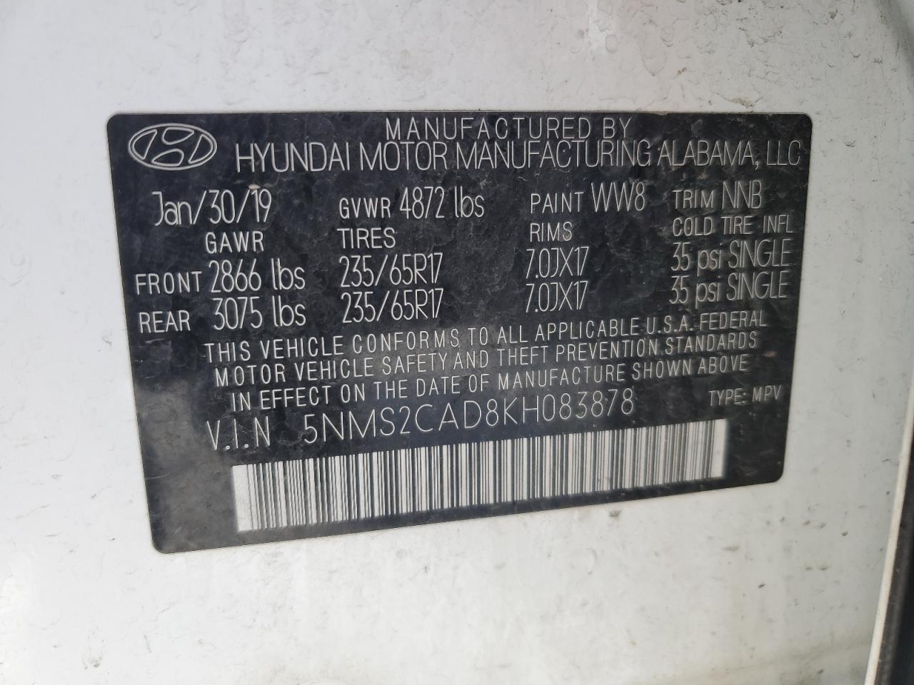 2019 Hyundai Santa Fe VIN 5NMS2CAD8KH083878 Copart auction photo, rear end damage thumbnail 13