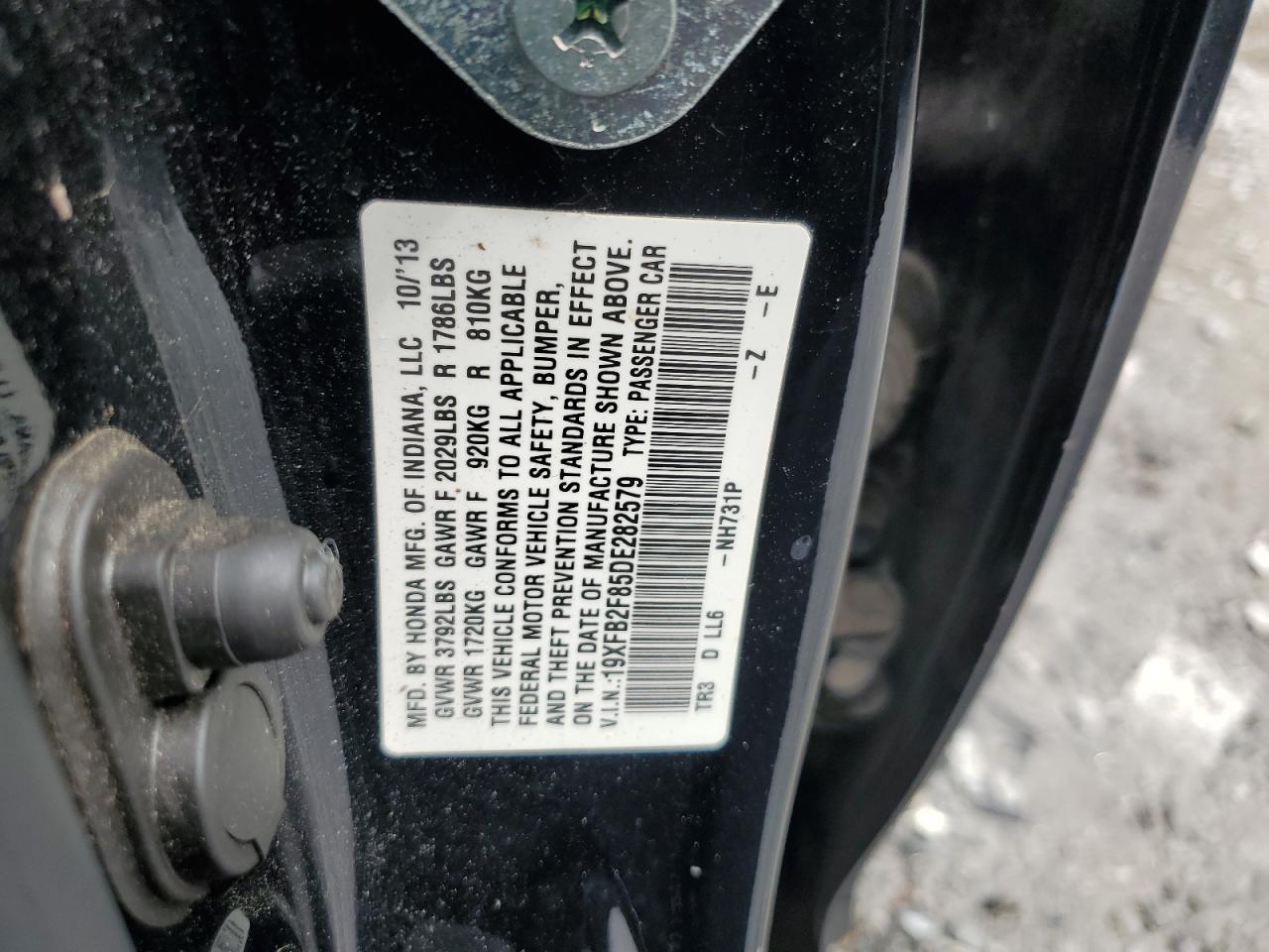 2013 Honda Civic VIN 19XFB2F85DE282579 Copart auction photo, rear end damage thumbnail 12