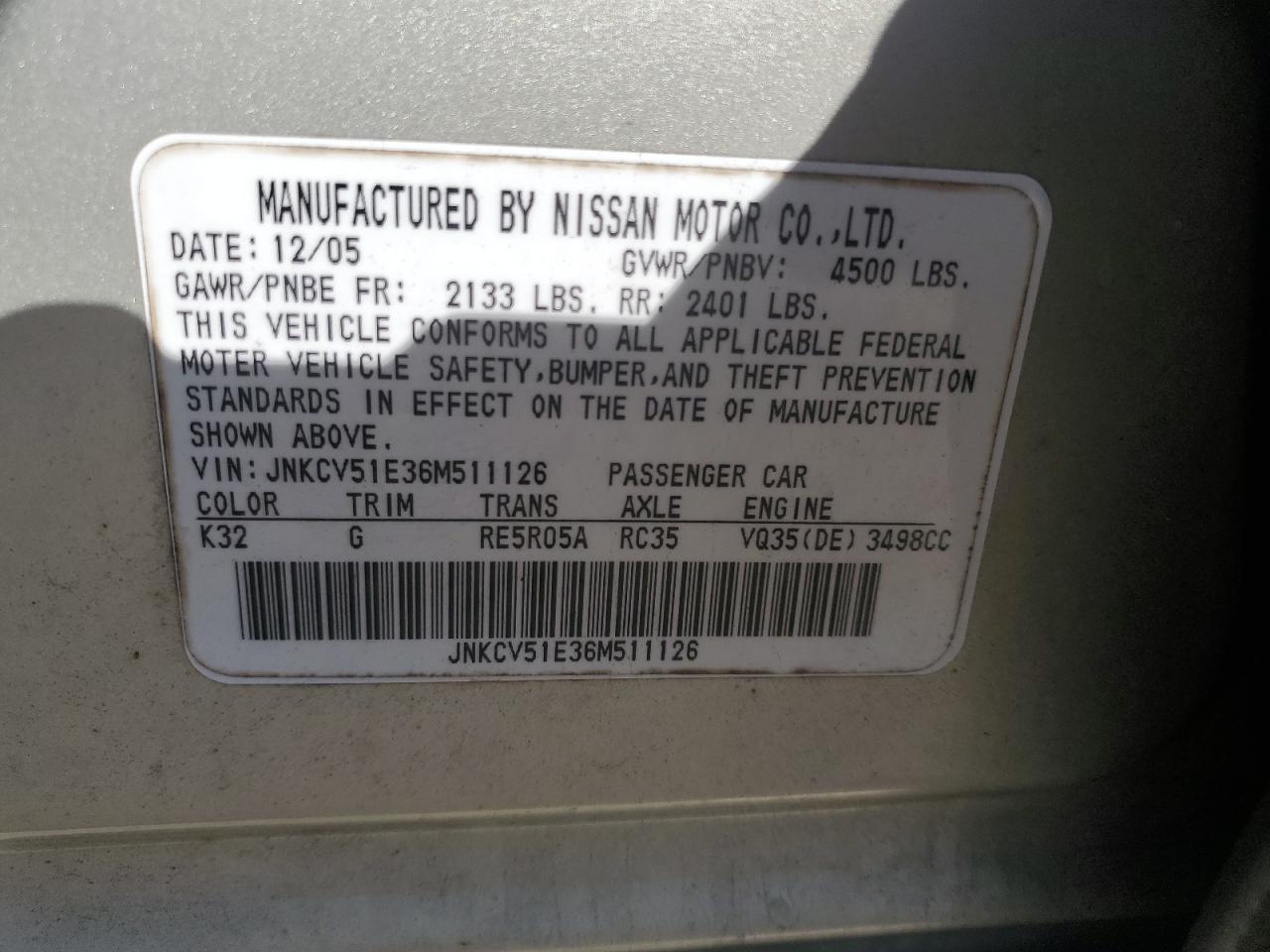 2006 Infiniti G VIN JNKCV51E36M511126 Copart auction photo, front end / rear end damage thumbnail 12