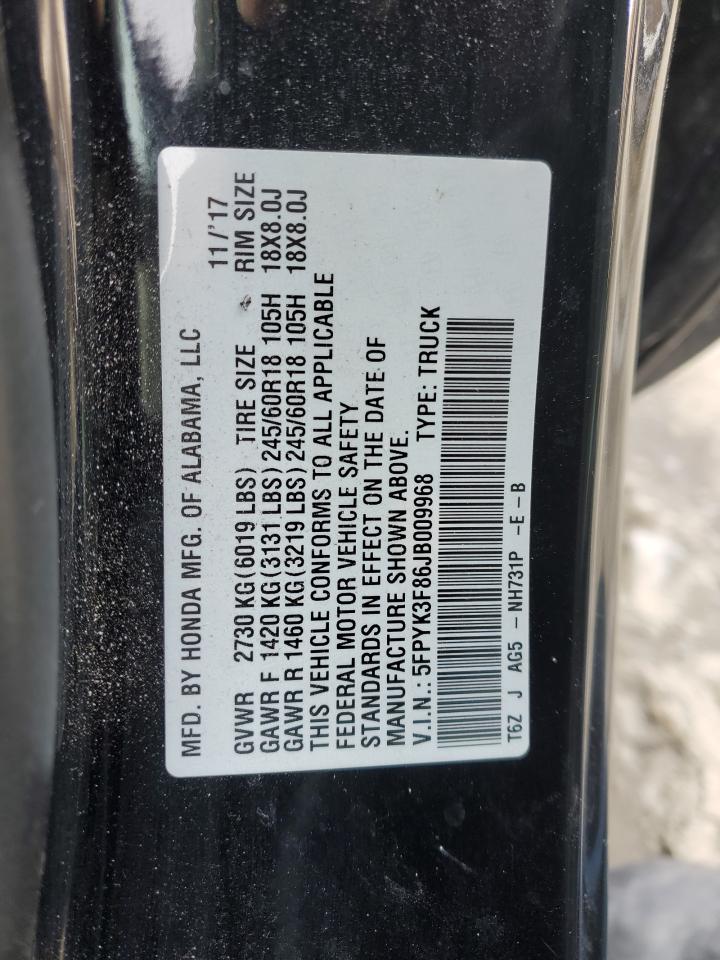 2018 Honda Ridgeline VIN 5FPYK3F86JB009968 Copart auction photo, rear end / minor dent/scratches damage thumbnail 12