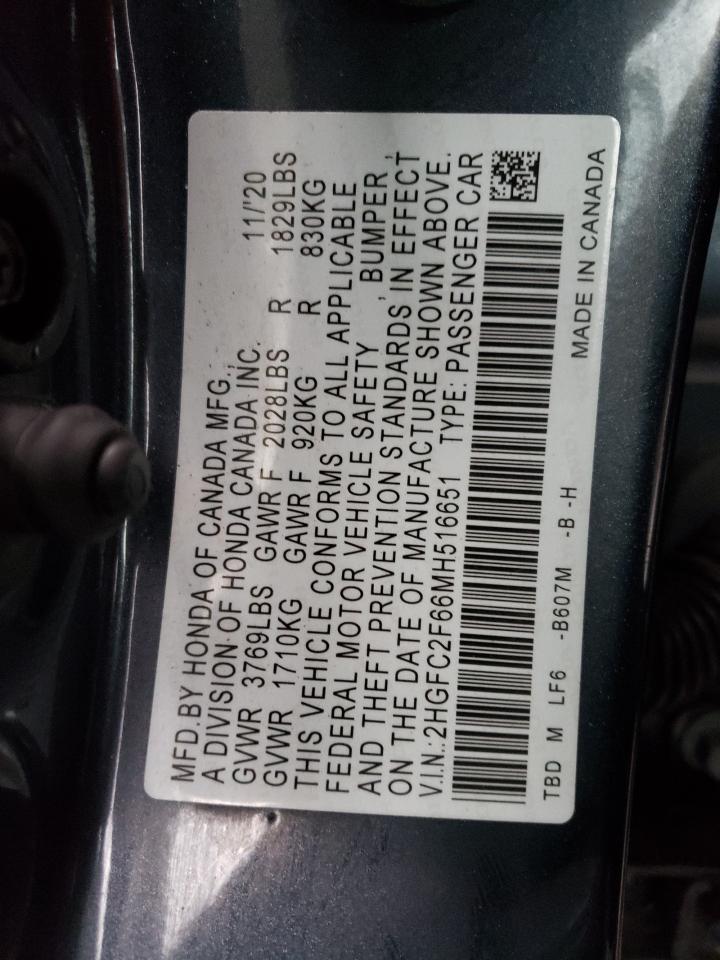 2021 Honda Civic VIN 2HGFC2F66MH516651 Copart auction photo, front end / minor dent/scratches damage thumbnail 12