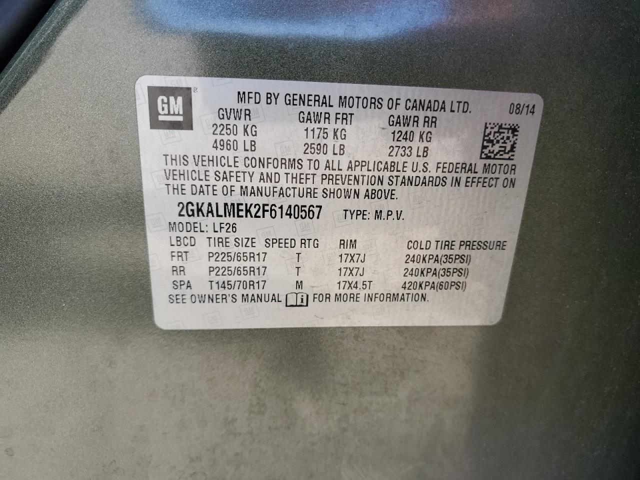 2015 GMC Terrain VIN 2GKALMEK2F6140567 Copart auction photo, front end damage thumbnail 15