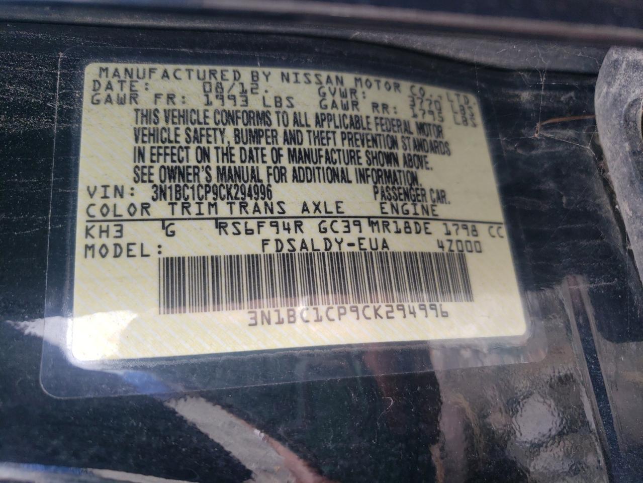 2012 Nissan Versa VIN 3N1BC1CP9CK294996 Copart auction photo, front end damage thumbnail 14