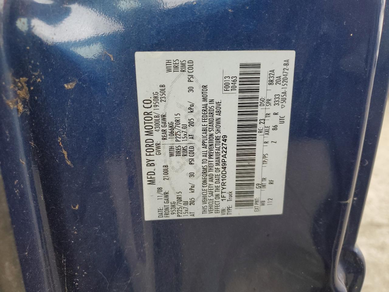 2009 Ford Ranger VIN 1FTYR10D49PA22749 Copart auction photo, water/flood damage thumbnail 13