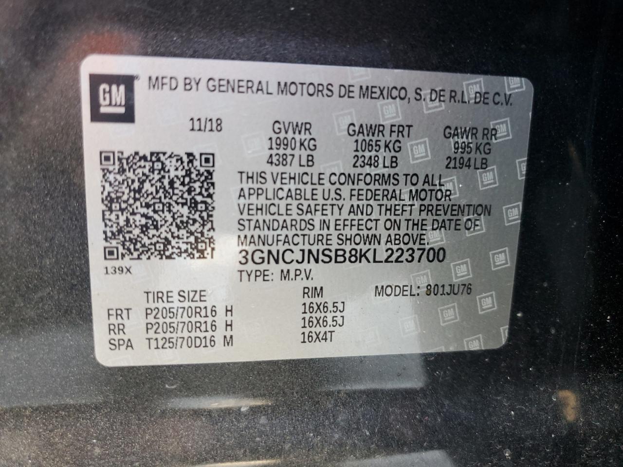 2019 Chevrolet Trax VIN 3GNCJNSB8KL223700 Copart auction photo, front end / side damage thumbnail 14