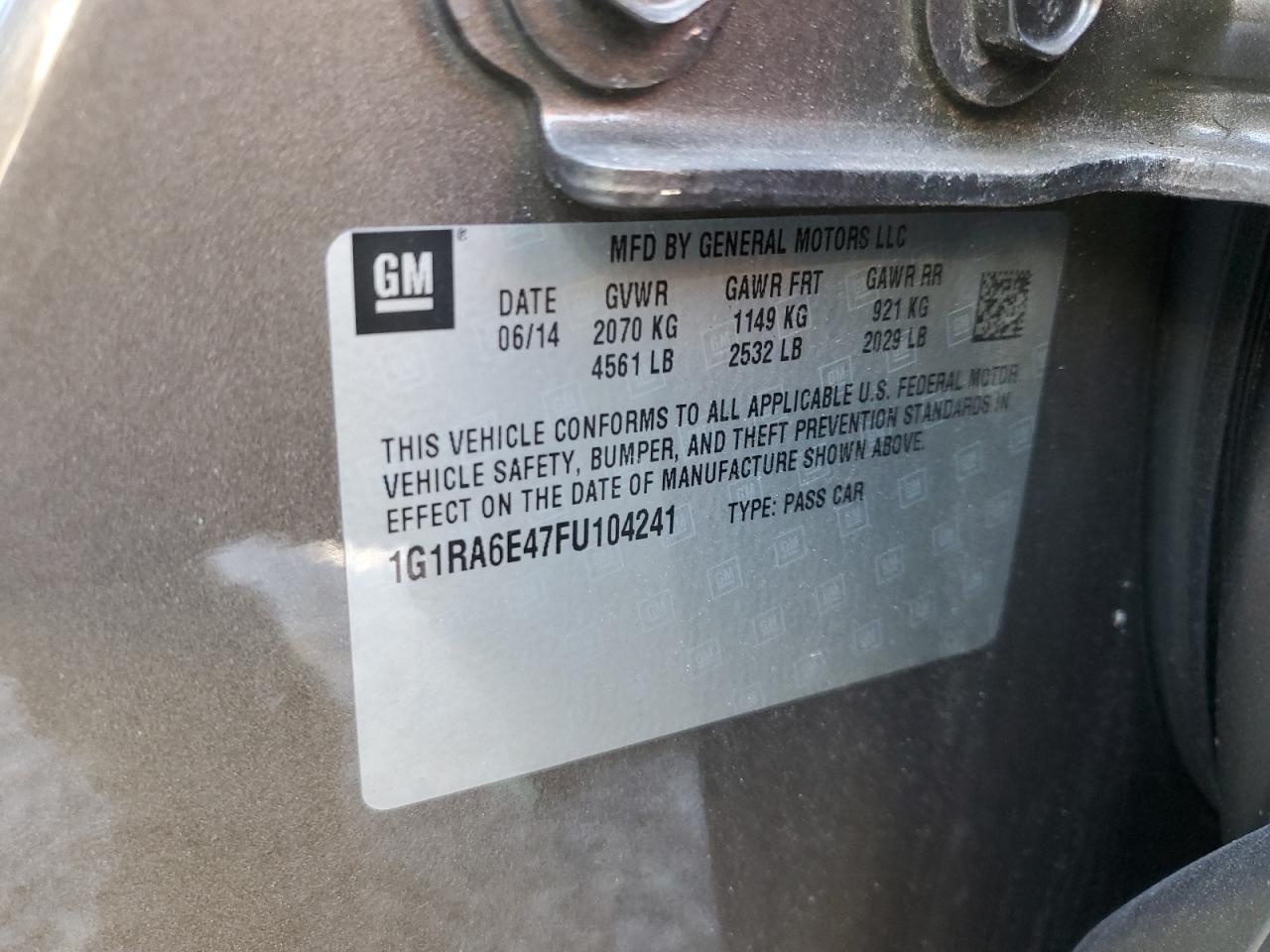 2015 Chevrolet Volt VIN 1G1RA6E47FU104241 Copart auction photo, mechanical damage thumbnail 12