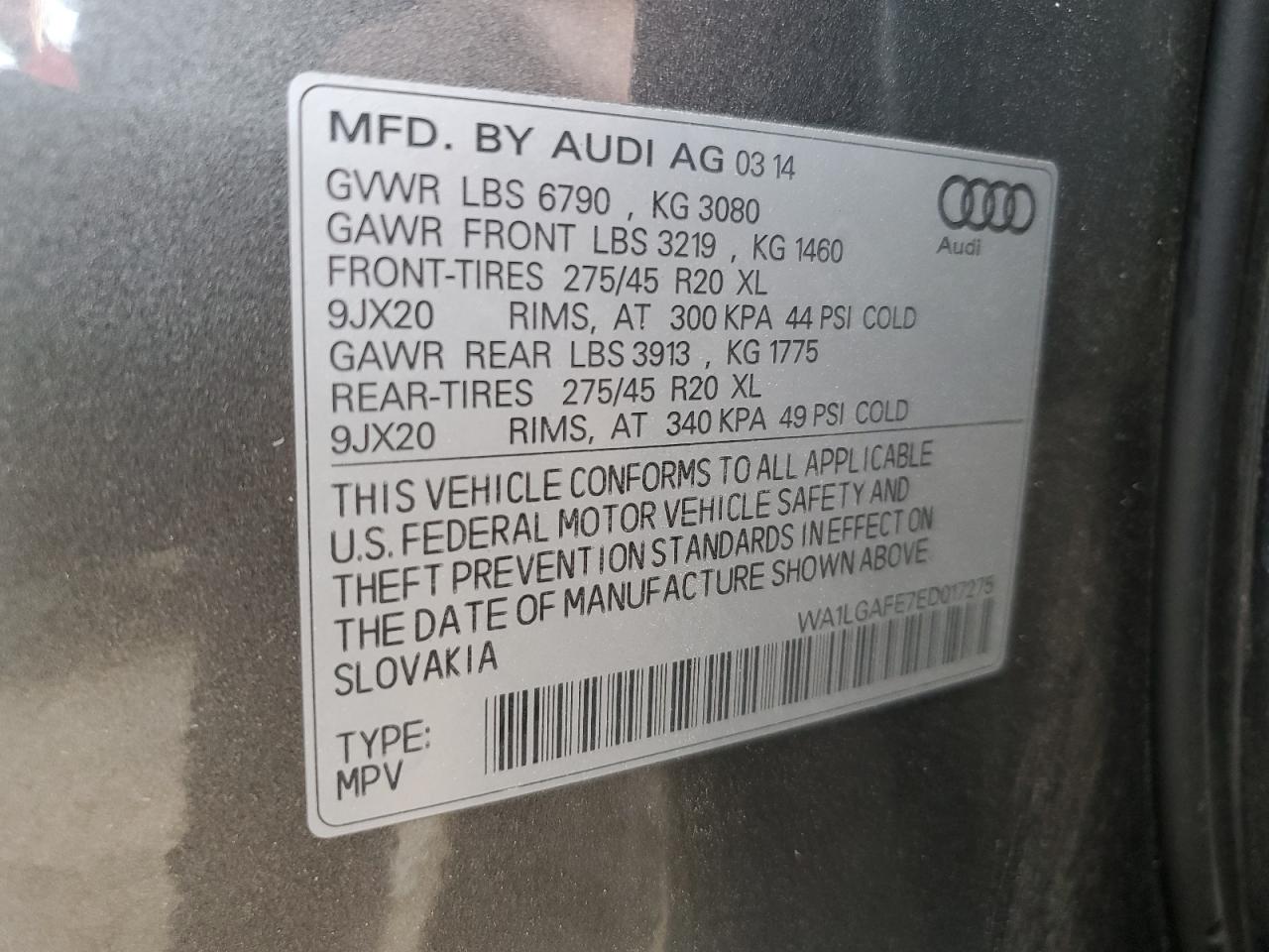 2014 Audi Q7 VIN WA1LGAFE7ED017275 Copart auction photo, hail damage thumbnail 13