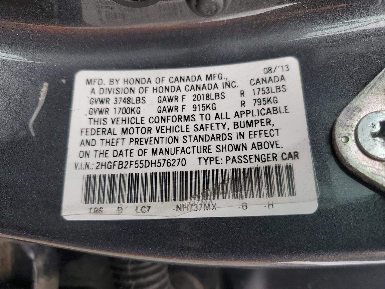 2013 Honda Civic VIN 2HGFB2F55DH576270 Copart auction photo, water/flood / rear end damage thumbnail 12