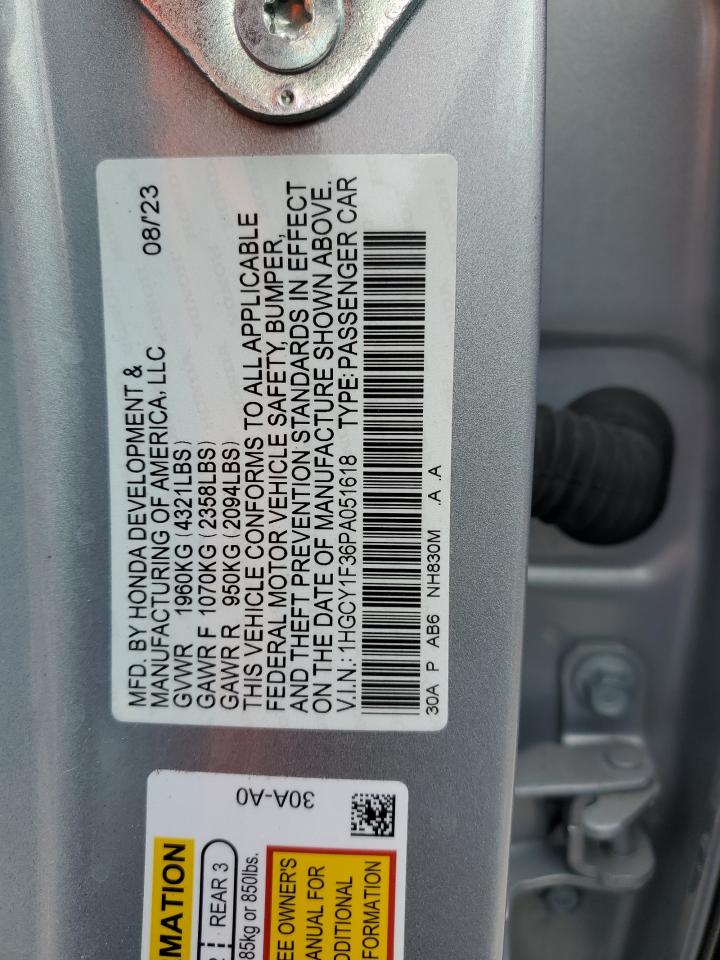 2023 Honda Accord VIN 1HGCY1F36PA051618 Copart auction photo, front end damage thumbnail 14