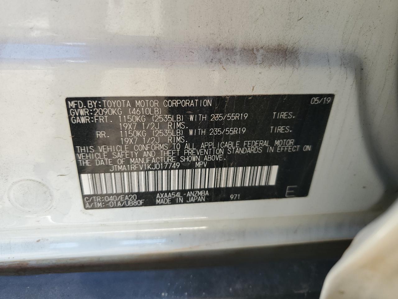 2019 Toyota RAV 4 VIN JTMA1RFV1KJ017749 Copart auction photo, front end damage thumbnail 13