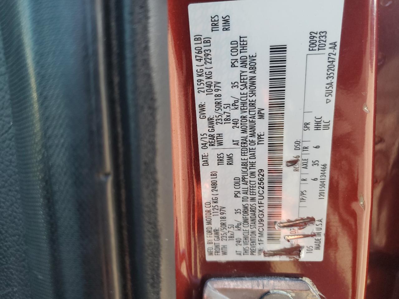 2015 Ford Escape VIN 1FMCU9GX1FUC25629 Copart auction photo, front end damage thumbnail 14