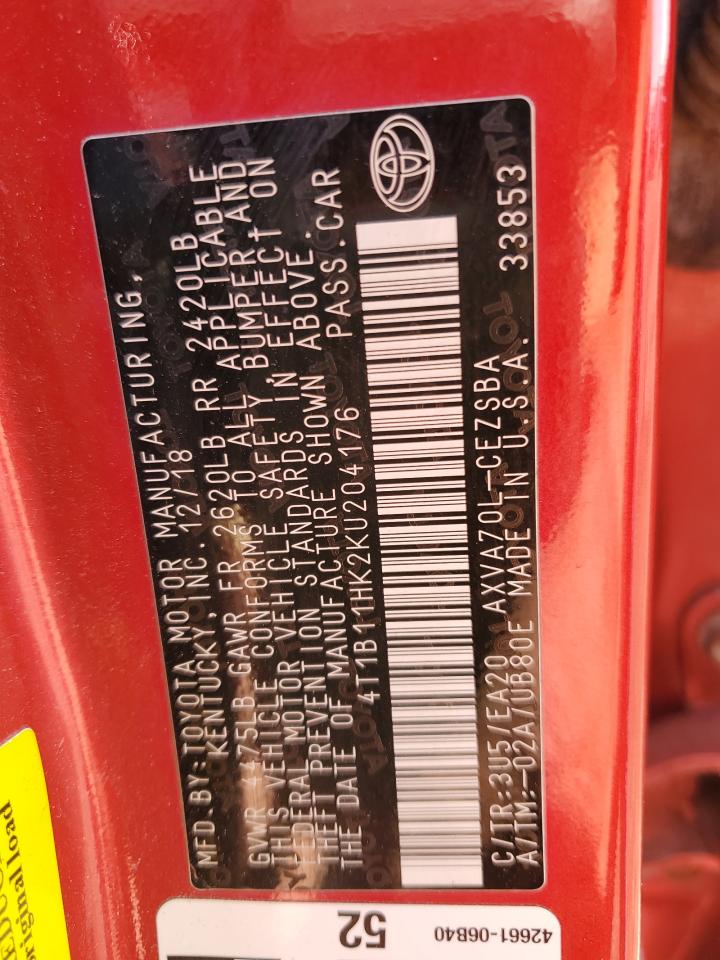2019 Toyota Camry VIN 4T1B11HK2KU204176 Copart auction photo, rear end / side damage thumbnail 12