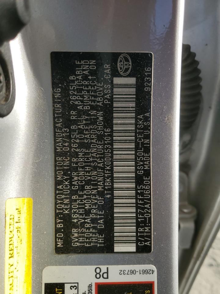 2013 Toyota Camry VIN 4T1BK1FK0DU531016 Copart auction photo, water/flood / minor dent/scratches damage thumbnail 13
