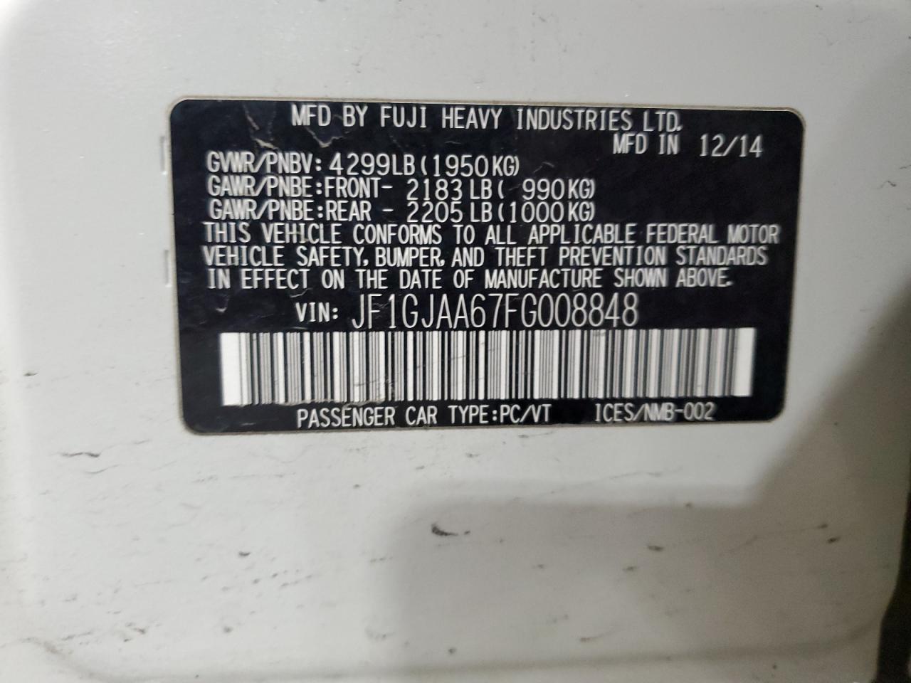 2015 Subaru Impreza VIN JF1GJAA67FG008848 Copart auction photo, front end damage thumbnail 13