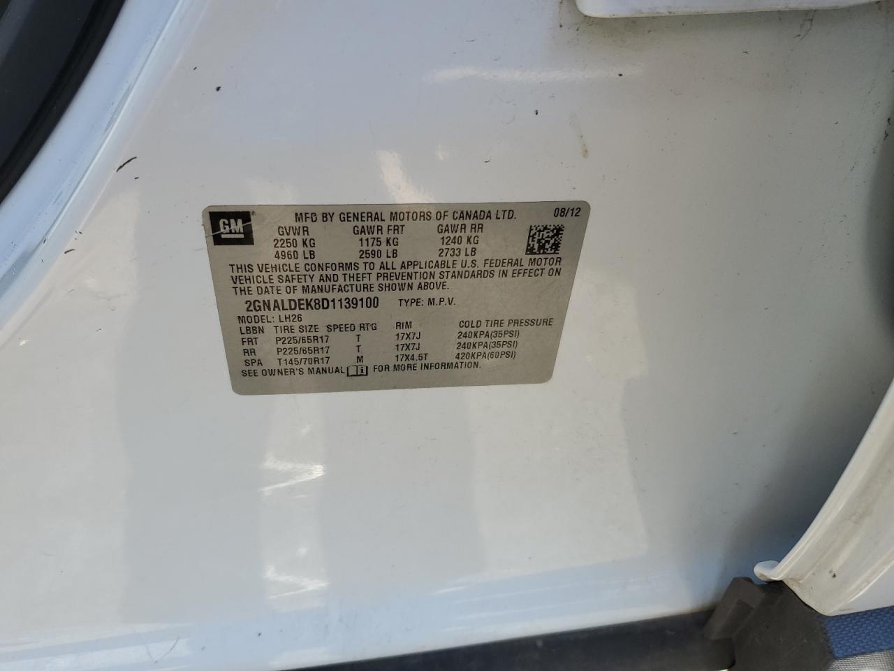 2013 Chevrolet Equinox VIN 2GNALDEK8D1139100 Copart auction photo, front end damage thumbnail 14