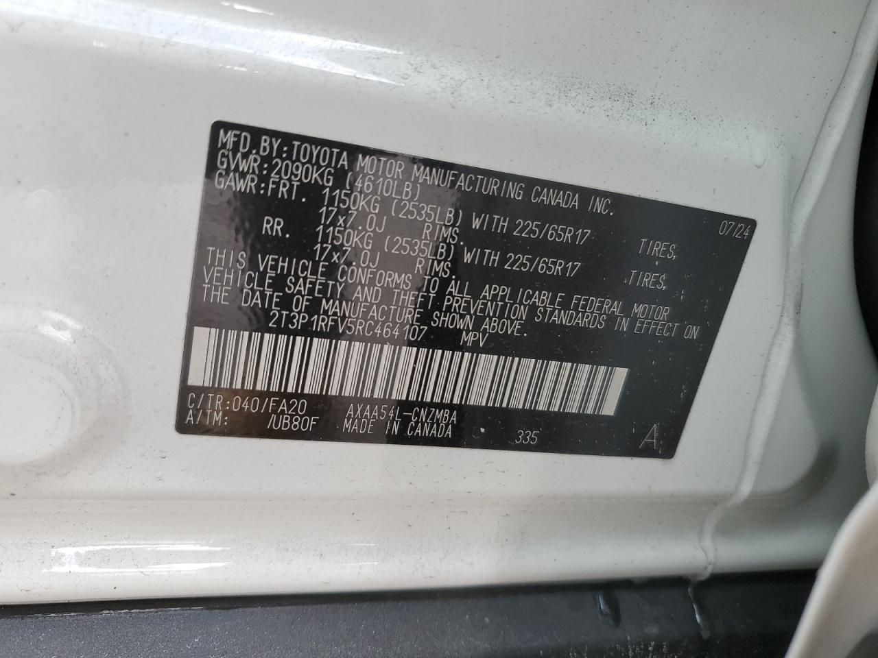 2024 Toyota RAV 4 VIN 2T3P1RFV5RC464107 Copart auction photo, front end / rear end damage thumbnail 13