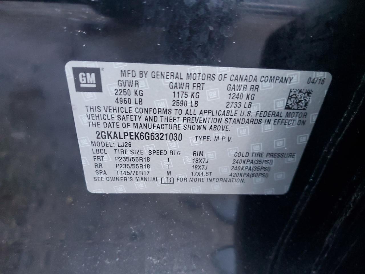 2016 GMC Terrain VIN 2GKALPEK6G6321030 Copart auction photo, front end damage thumbnail 15