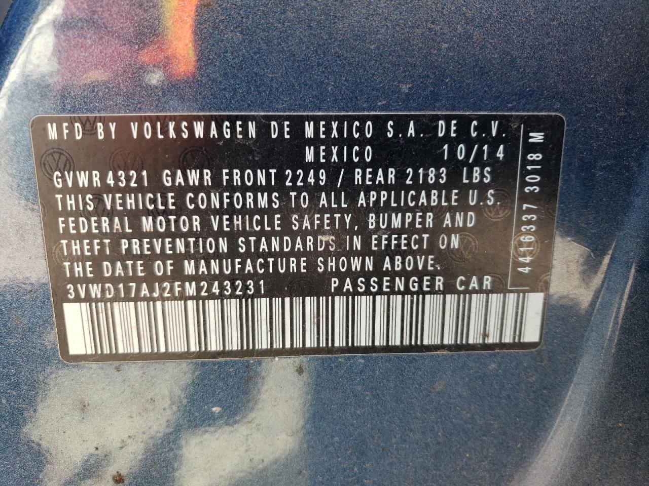 2015 Volkswagen Jetta VIN 3VWD17AJ2FM243231 Copart auction photo, side damage thumbnail 12