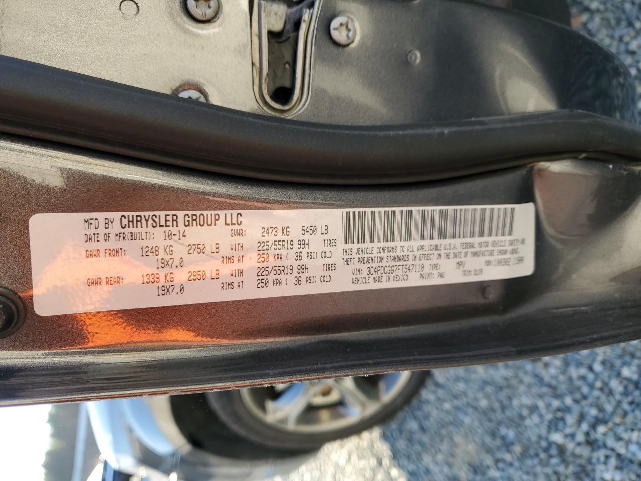 2015 Dodge Journey VIN 3C4PDCGG7FT547110 Copart auction photo, side damage thumbnail 15