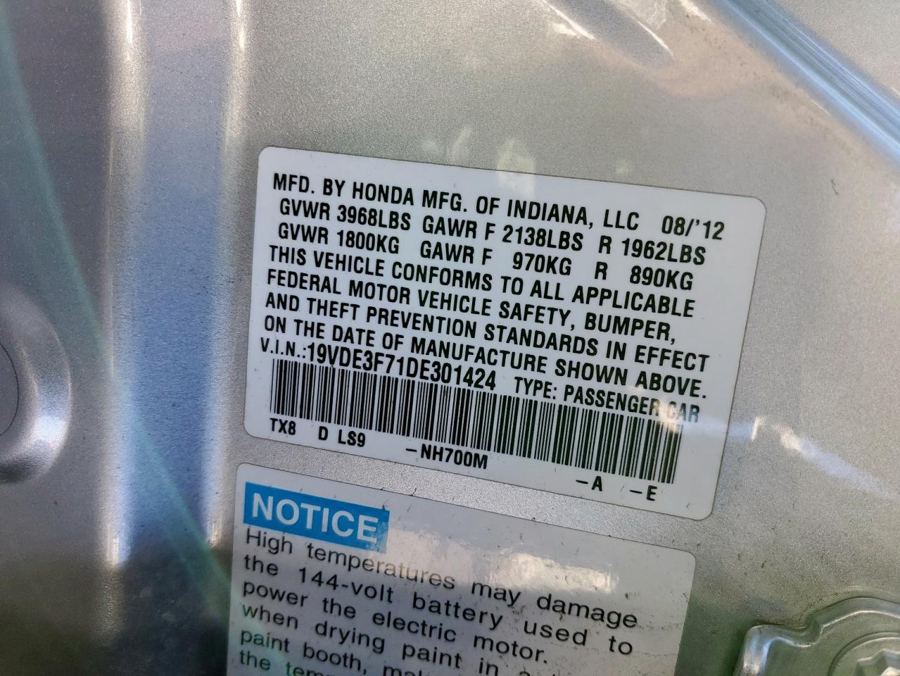 2013 Acura ILX VIN 19VDE3F71DE301424 Copart auction photo, rear end damage thumbnail 12