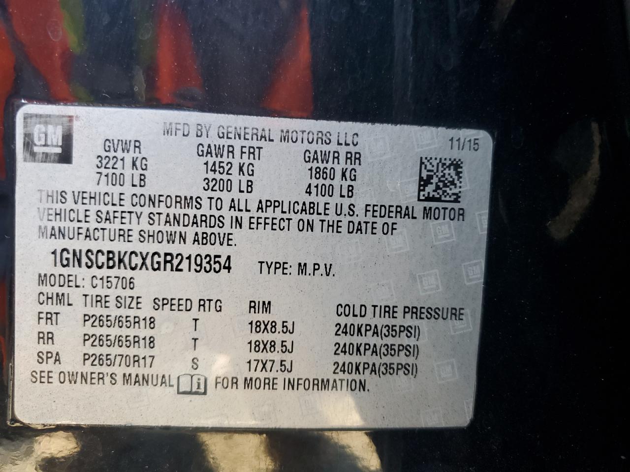 2016 Chevrolet Tahoe VIN 1GNSCBKCXGR219354 Copart auction photo, front end damage thumbnail 13