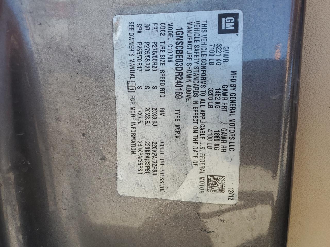 2013 Chevrolet Tahoe VIN 1GNSCBE03DR240169 Copart auction photo, front end / minor dent/scratches damage thumbnail 13