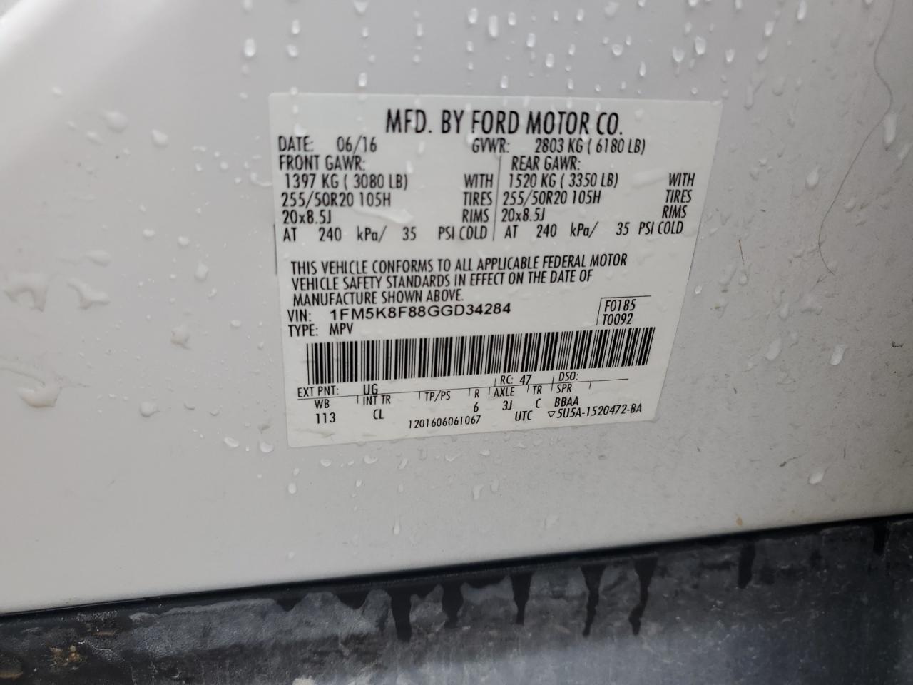 2016 Ford Explorer VIN 1FM5K8F88GGD34284 Copart auction photo, front end damage thumbnail 13
