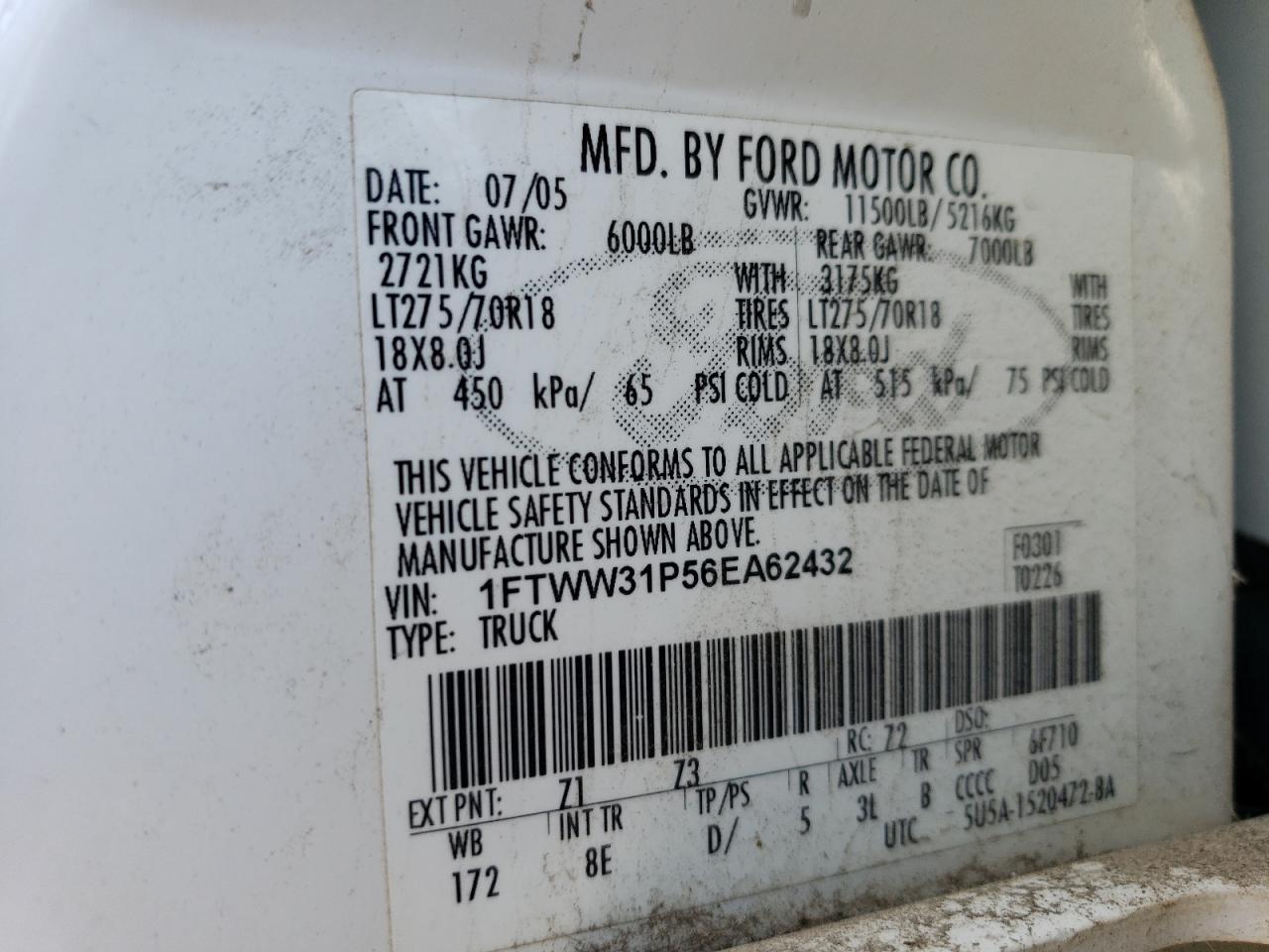 2006 Ford F350 VIN 1FTWW31P56EA62432 Copart auction photo, minor dent/scratches damage thumbnail 13