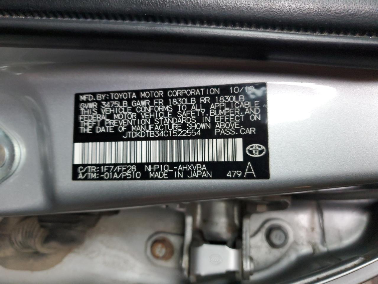 2012 Toyota Prius VIN JTDKDTB34C1522554 Copart auction photo, front end / minor dent/scratches damage thumbnail 13