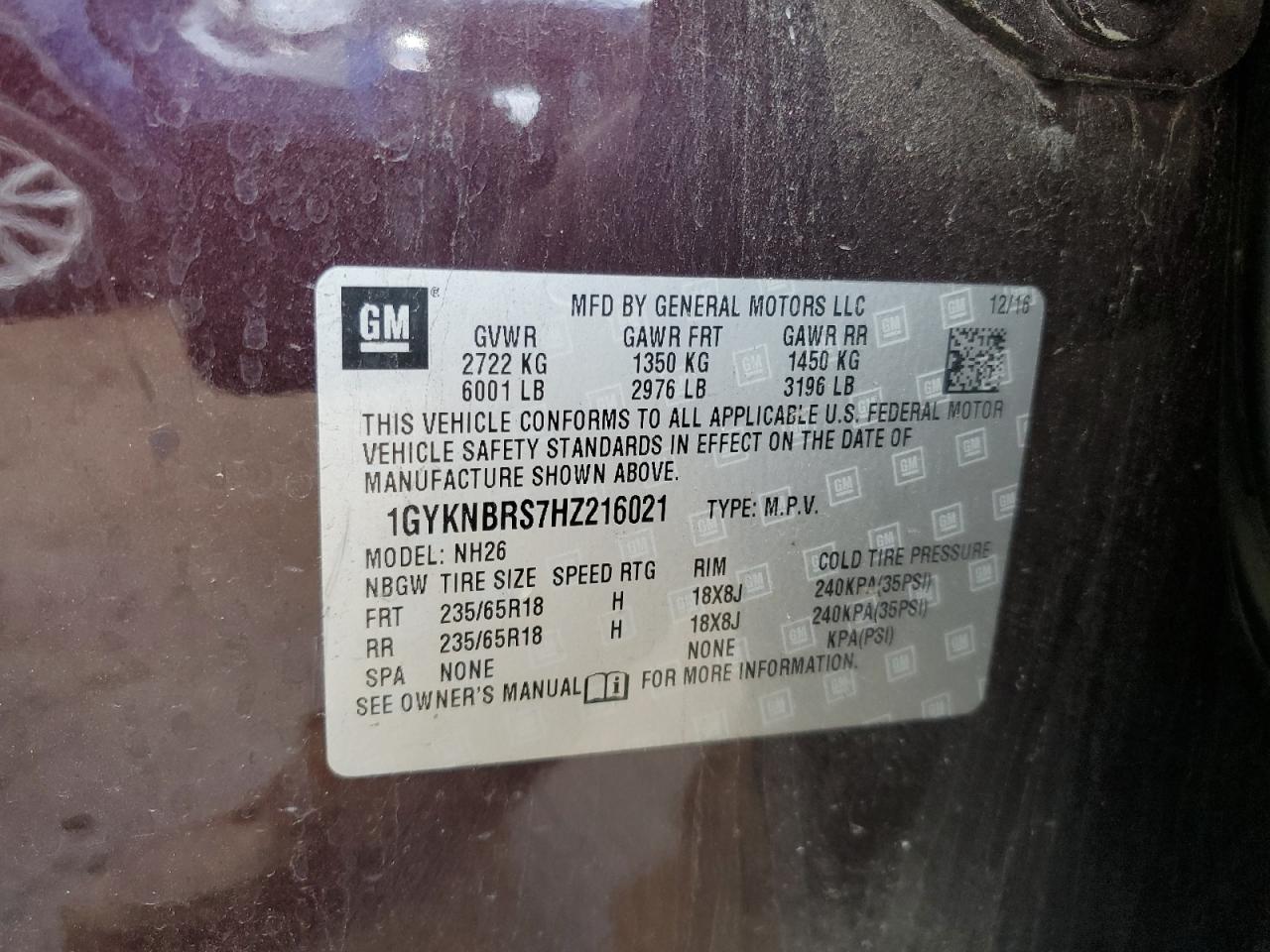 2017 Cadillac XT5 VIN 1GYKNBRS7HZ216021 Copart auction photo, front end / side damage thumbnail 15