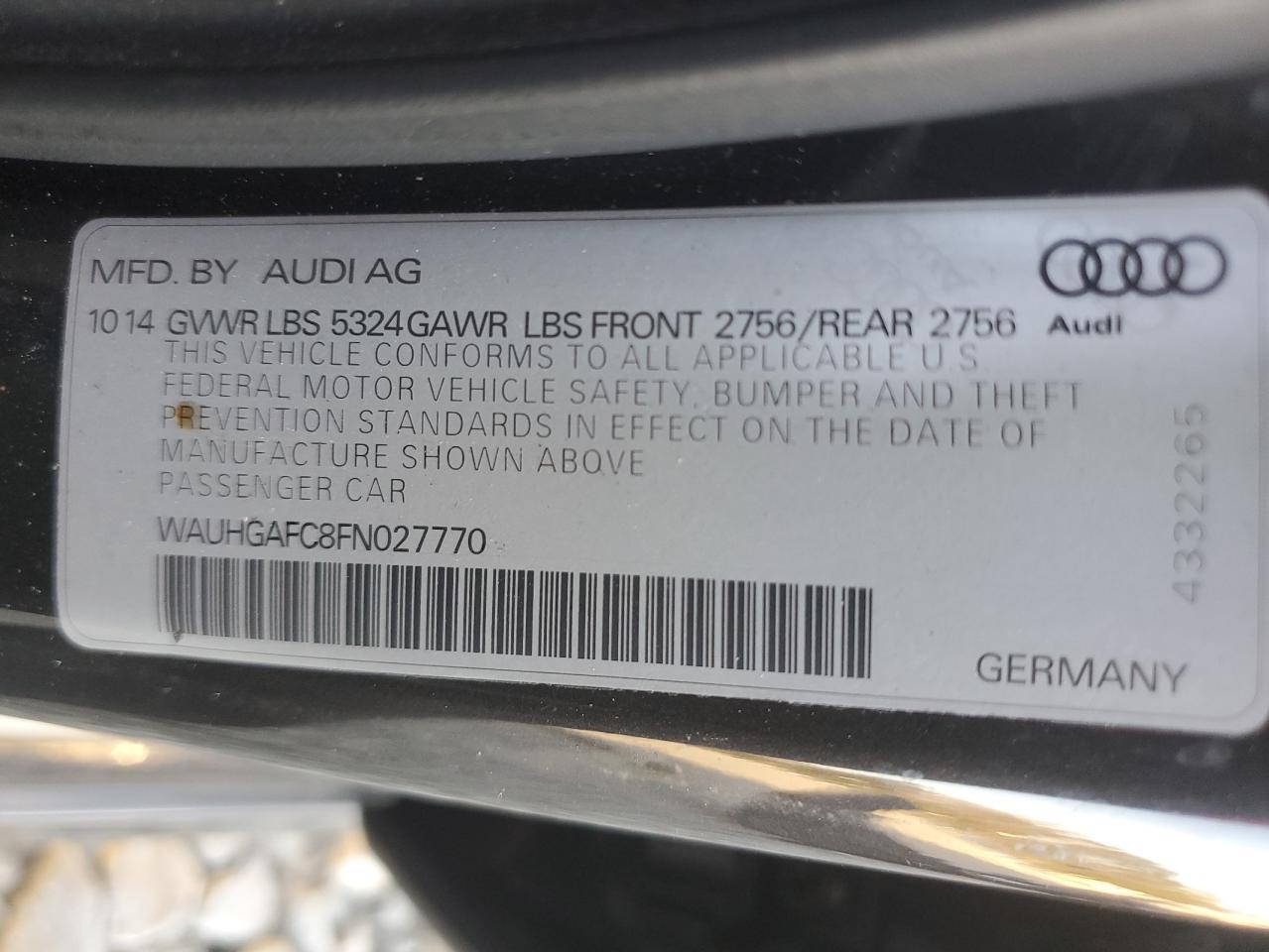 2015 Audi A6 VIN WAUHGAFC8FN027770 Copart auction photo, front end damage thumbnail 11