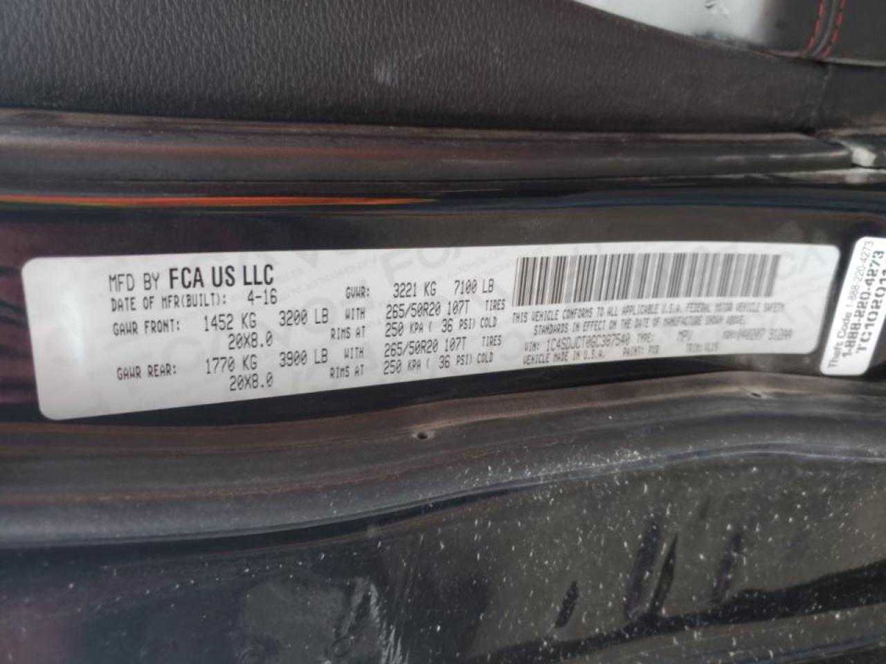 2016 Dodge Durango VIN 1C4SDJCT0GC387540 Copart auction photo, front end damage thumbnail 15